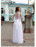 White Beaded Lace Chiffon High Slit Boho Beach Wedding Dress